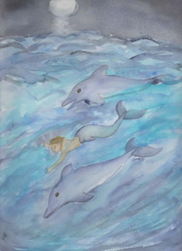 Adrian und die Delfine - Aquarell auf K&uuml;nstlerpapier (2023)
